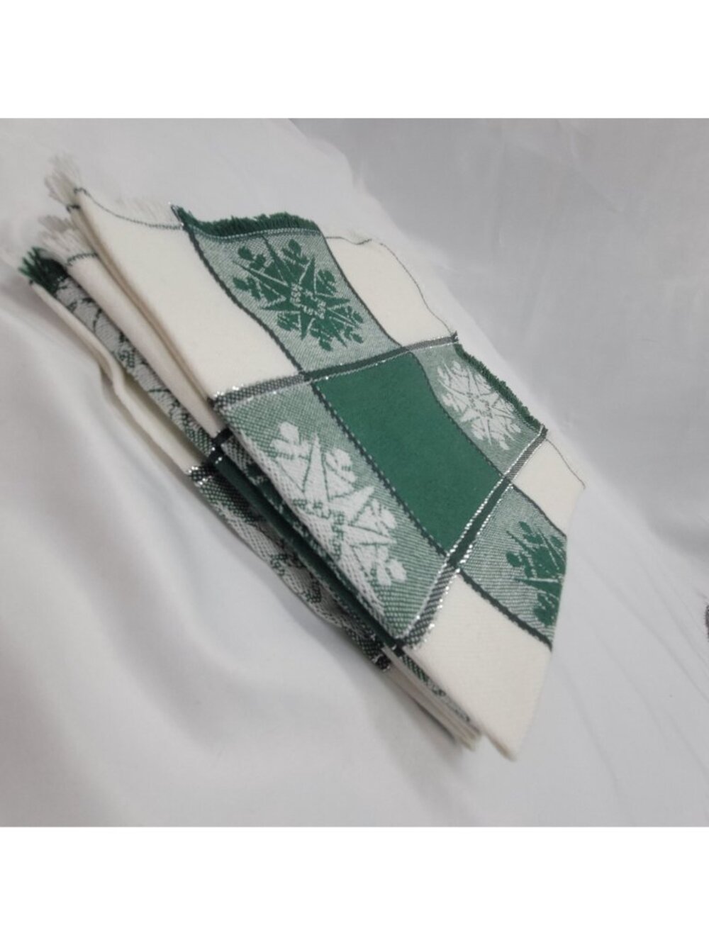 Vtg Green Checker Snowflake Cloth Napkins Set Of Six 15"x14" Woven Fabric Winter - Picture 3 of 9